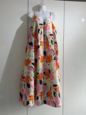 M&S Midi Slip Dress Size 14 Swing Style V Neck Linen Blend Lined Colourful